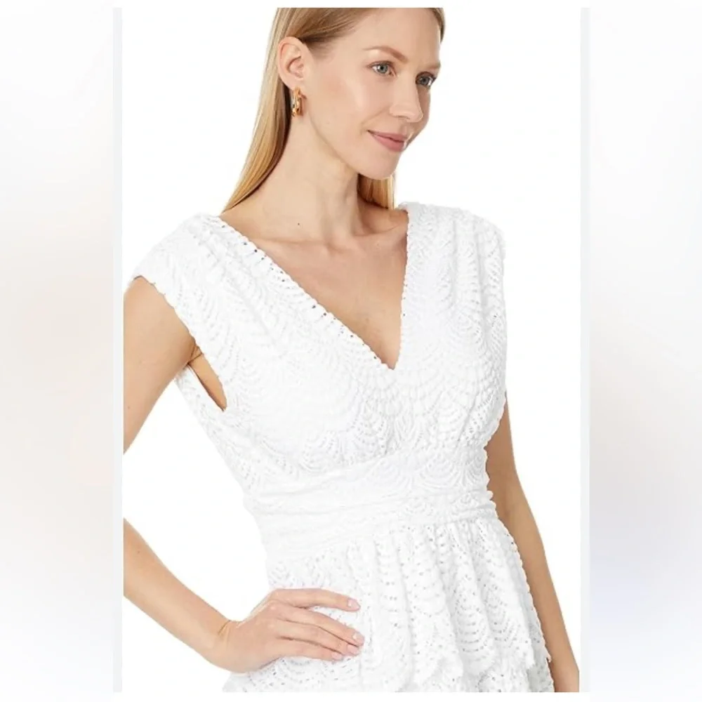 LILLY PULITZER FAYE V-NECK LACE RUFFLE DRESS RESORT WHITE SCALLOPED SHELL LACE L - Picture 8 of 15
